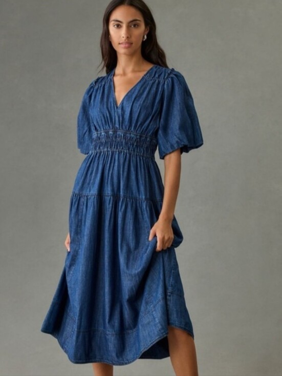 Anthropologie Dresses & Skirts - Anthropologie Pilcro Smocked Puffed sleeve Denim Midi Dress Women's XS